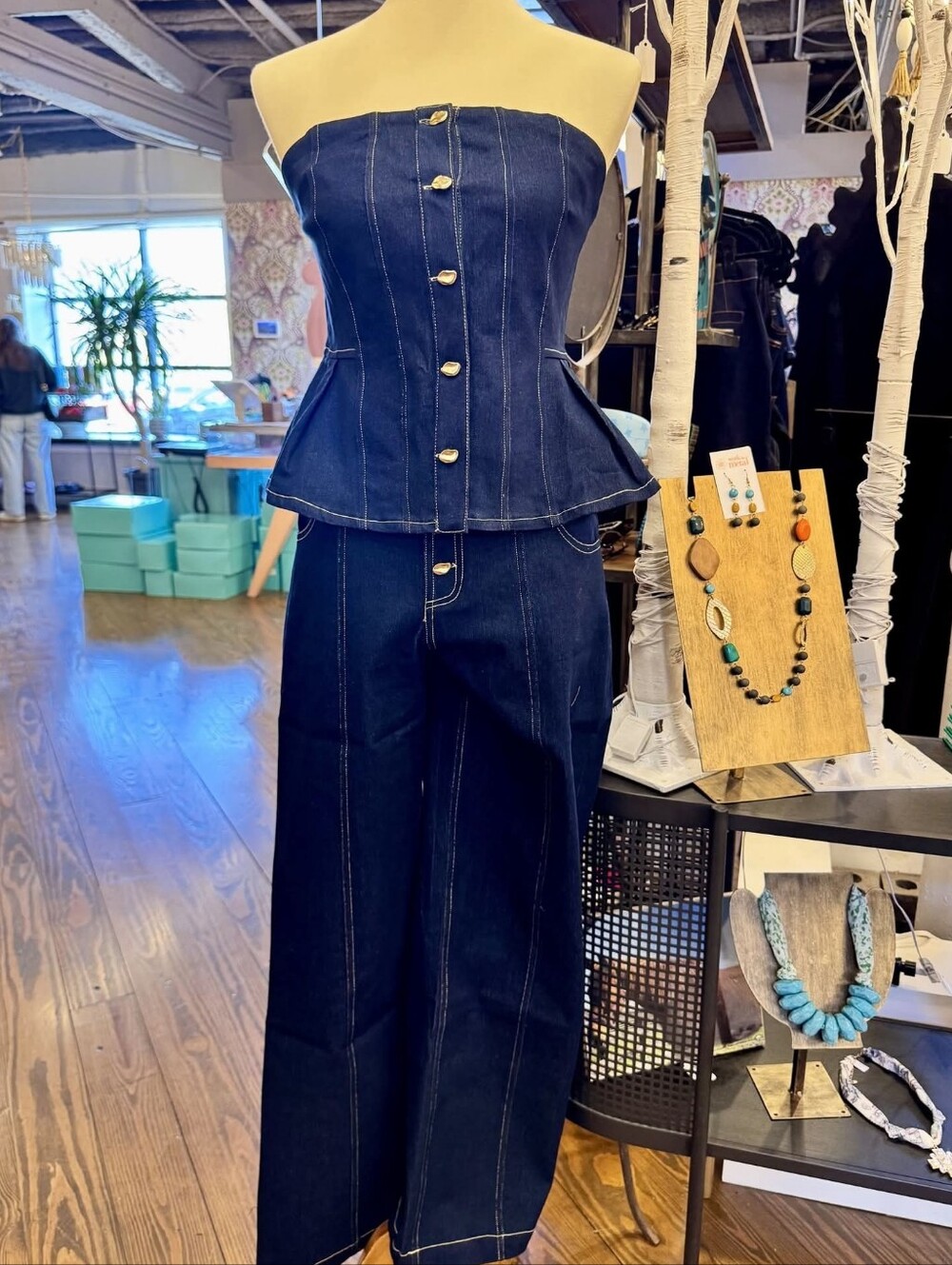 BNWT Edit by Nine Denim Co-ord Set Peplum Top Slim Pants Dark Wash Size Small